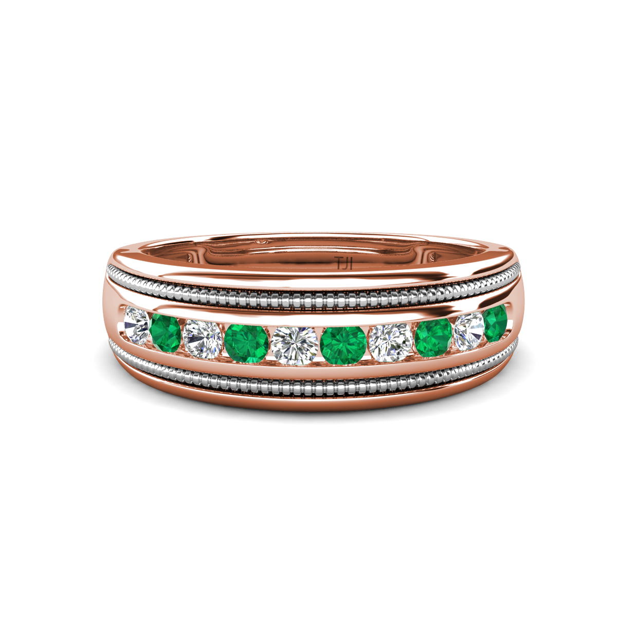 Zaid 0.43 ctw Round Lab Grown Diamond and Emerald Two Toned and High Polished Edges Men Wedding Band (8 mm) 